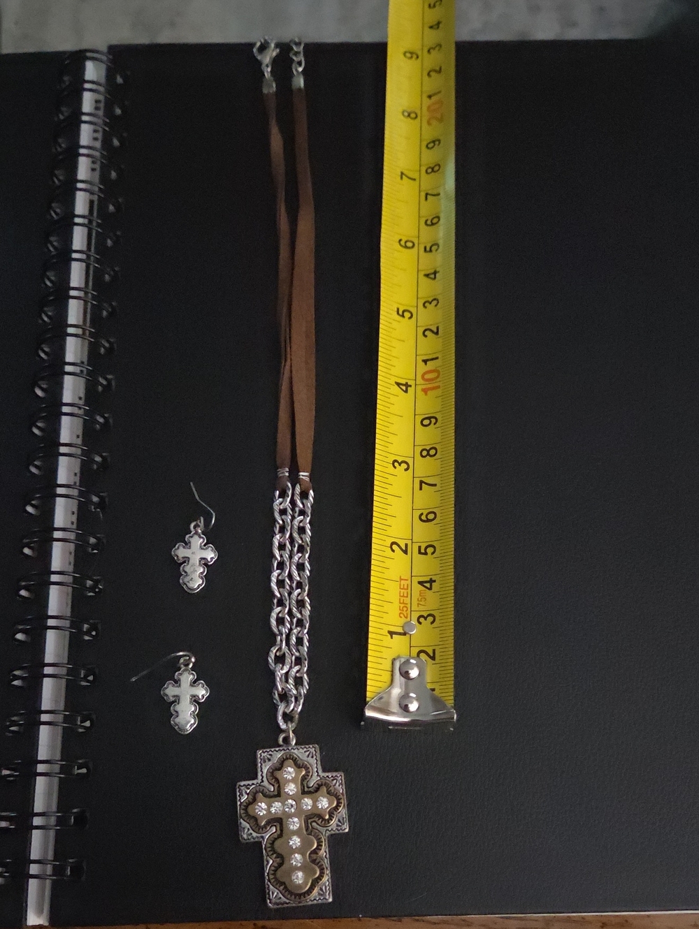 Brown and Silver Cross Pendant Necklace and Earring Set